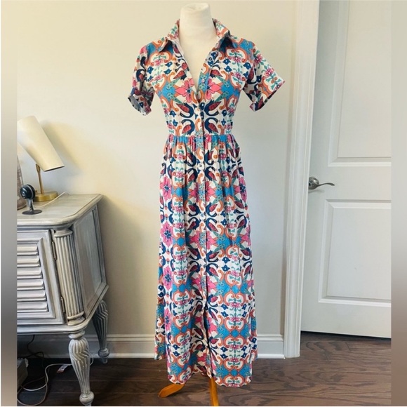 New! BEAU & RO SARA ROSSI CHARLESTON BLOCK PRINT ANKLE DRESS - Picture 2 of 15